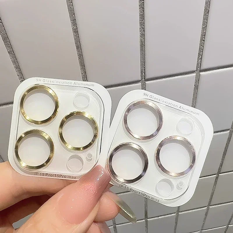 ฟิล์มกันรอยเลนส์กล้องสำหรับ iPhone 16 15 14 Pro Max Plus 12 13 Mini 17 วงแหวนโลหะ กระจกนิรภัย ป้องกันเต็มจอ