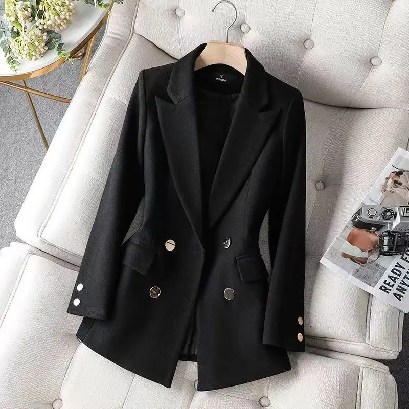 Blazer feminino elegante com seios duplos, jaqueta de manga comprida, monocromática, fina, casual, escritório, negócio, senhora, primavera, outono,