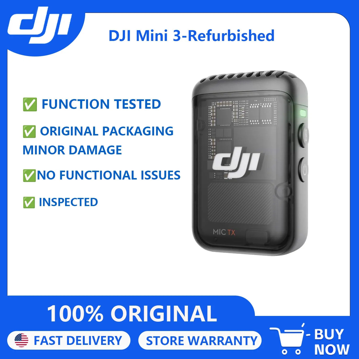 Refurbished DJI Mic 2 Transmitter Wireless Bluetooth Microphone with Intelligent Noise Cancelling 14-Hour Internal Recording 6-Hour Battery Magnetic Attachment for YouTube Vlogs