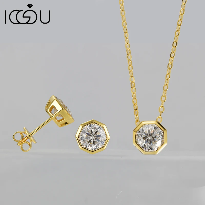 IOGOU Certified 6.5MM D Moissanite Solitaire Couple Earrings Pendant Necklace 925 Sterling Silver Polygo Women Men Jewelry Set