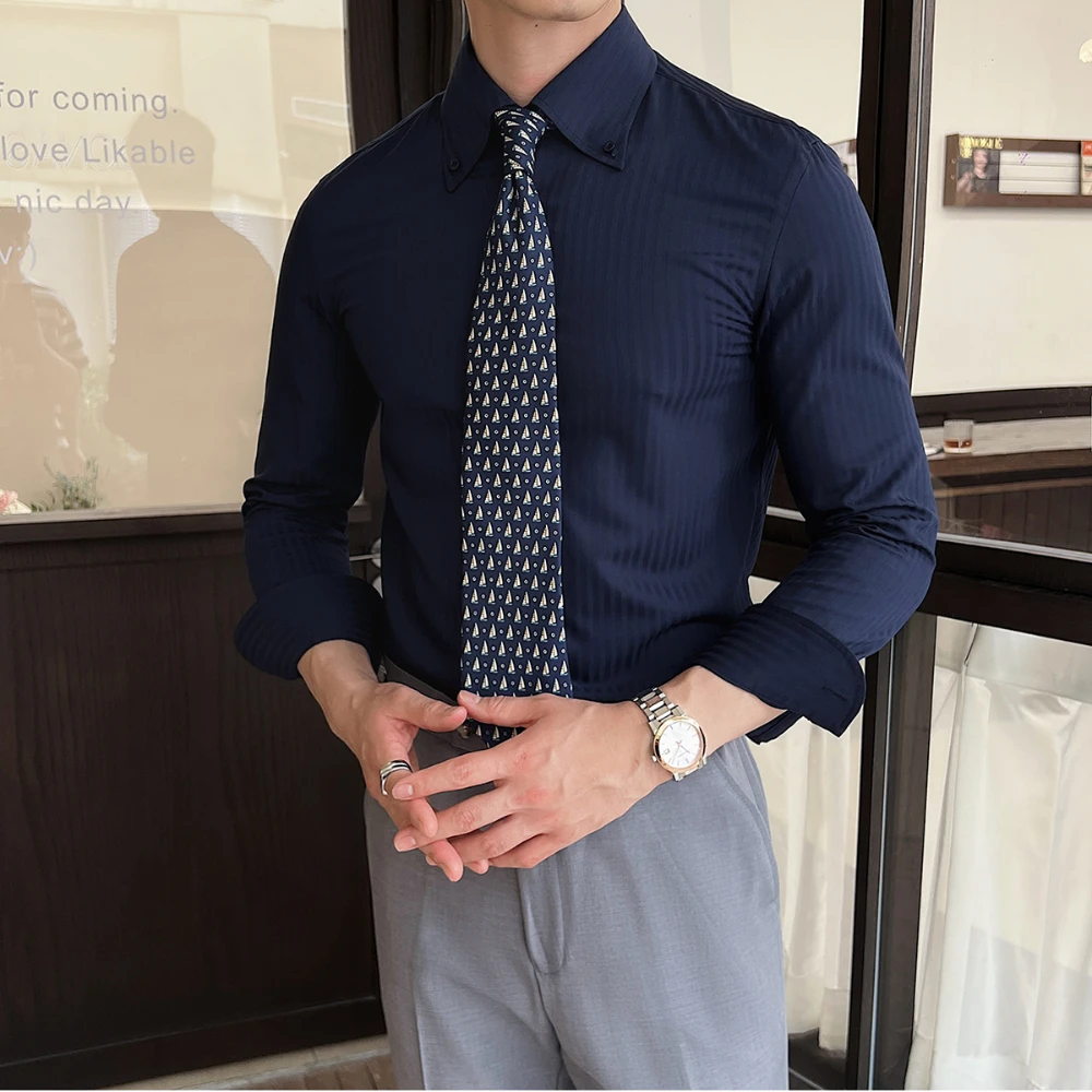 Men's New Long Sleeve Dark Stripes, Business Casual Lapels Top, Navy Blue Gentleman Banquet Shirt, Non-Ironing Treatment