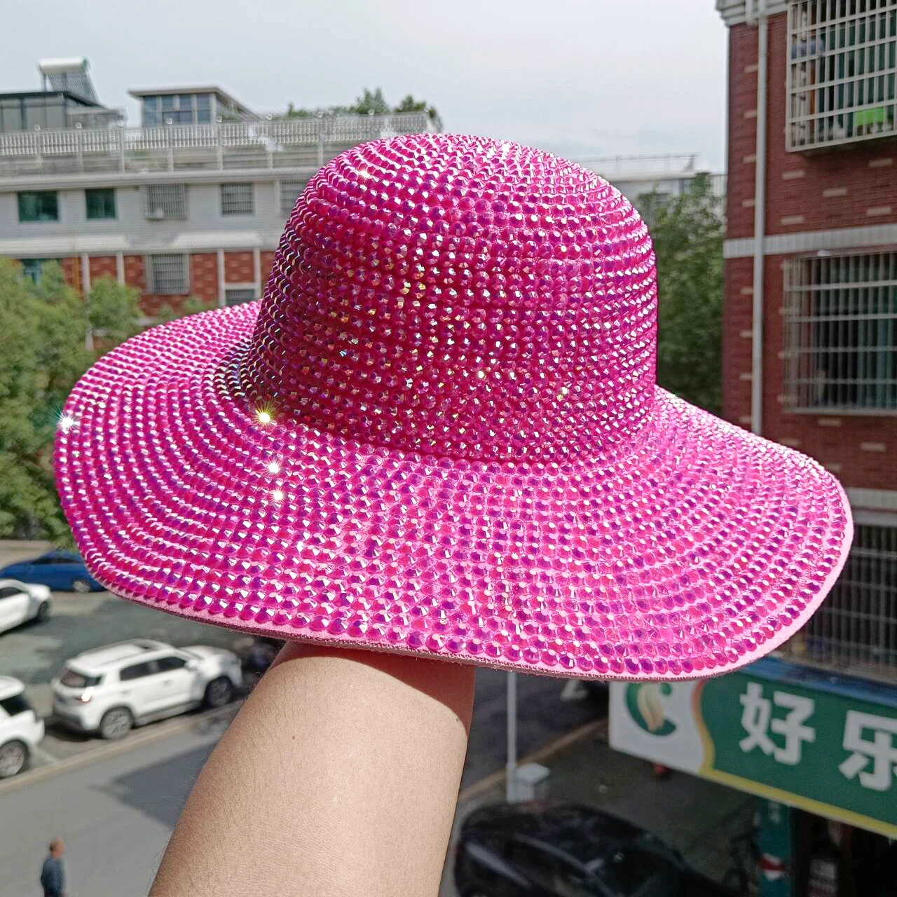 Rhinestone fedora hat handmade full of diamonds new round hat men and women magic hat British performance hat bright diamond