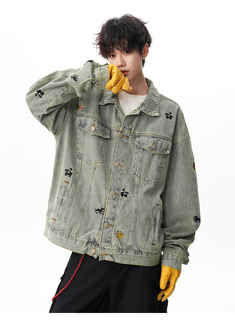 2025 الربيع والخريف جديد الرجال الأسود الكرتون جرو المطرزة غسلها الدنيم سترة الرجعية فضفاضة عادية رمادي داكن الأزرق سترة