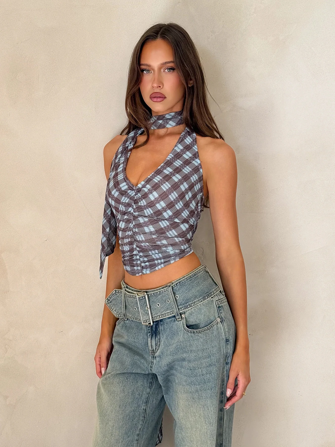 غريب سنور هوتي منقوشة تانك القمم المرأة الرسن منخفضة الصدر Ruched عارية الذراعين وشاح طوق مثير الكلاسيكية البرية الشارع كلوبوير سترة ضئيلة