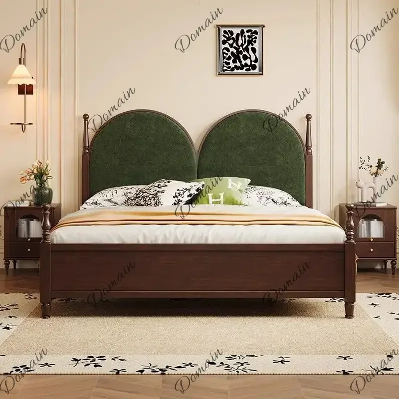 Modern Any Size Custom Mid Century Rubber Wood Bed Double Arched Upholstered Headboard Sturdy Durable Vintage Classic Bedroom Fu
