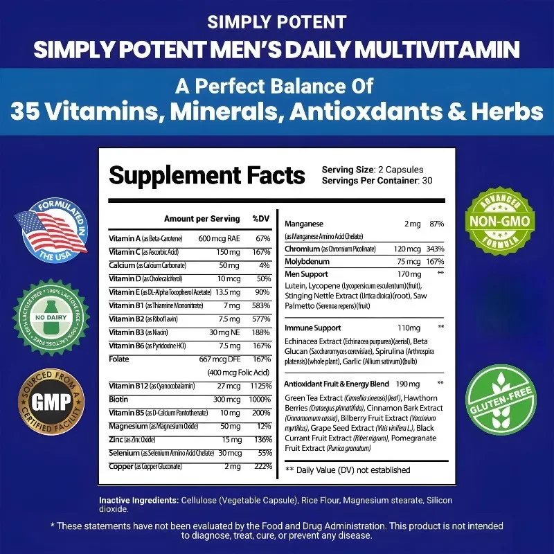 Multivitamin Supplement for Men – Provides Cognitive Brain Health, Energy and Stamina, and Muscle Mass