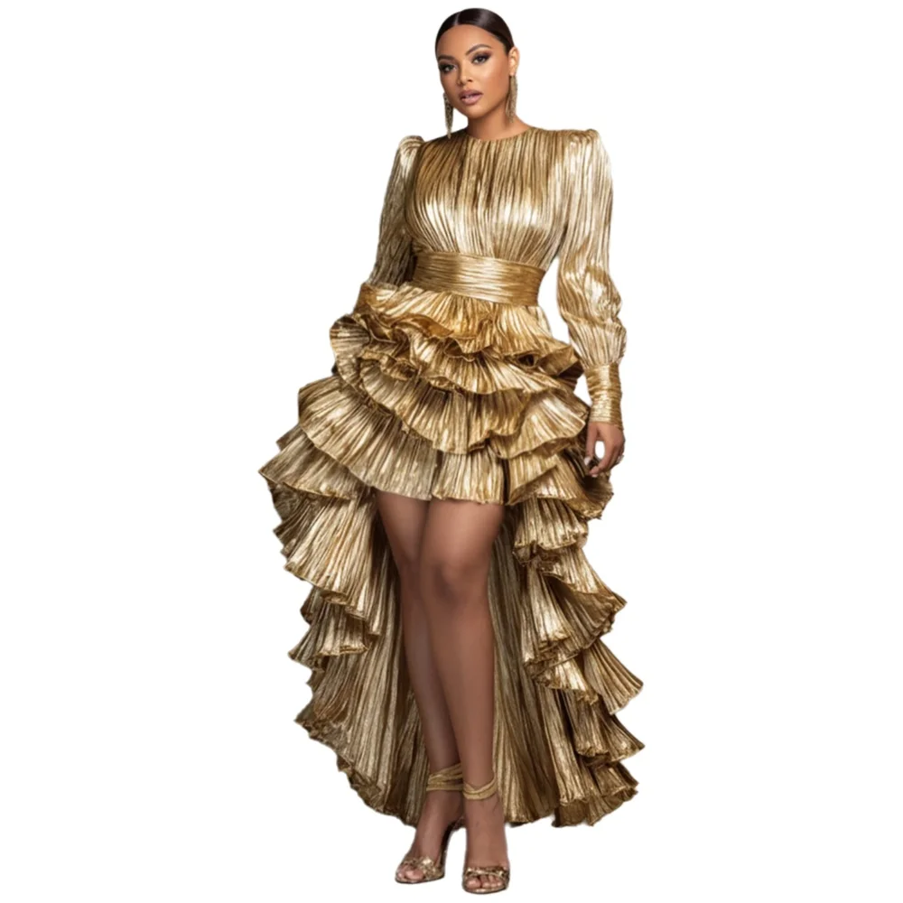 Plissiertes High-Low Rüschen-Maxikleid in Übergröße mit langen Ärmeln, gestuftem asymmetrischem Schleppe-Design – Luxuriöses Abendkleid für Damen für Abschlussball und Party