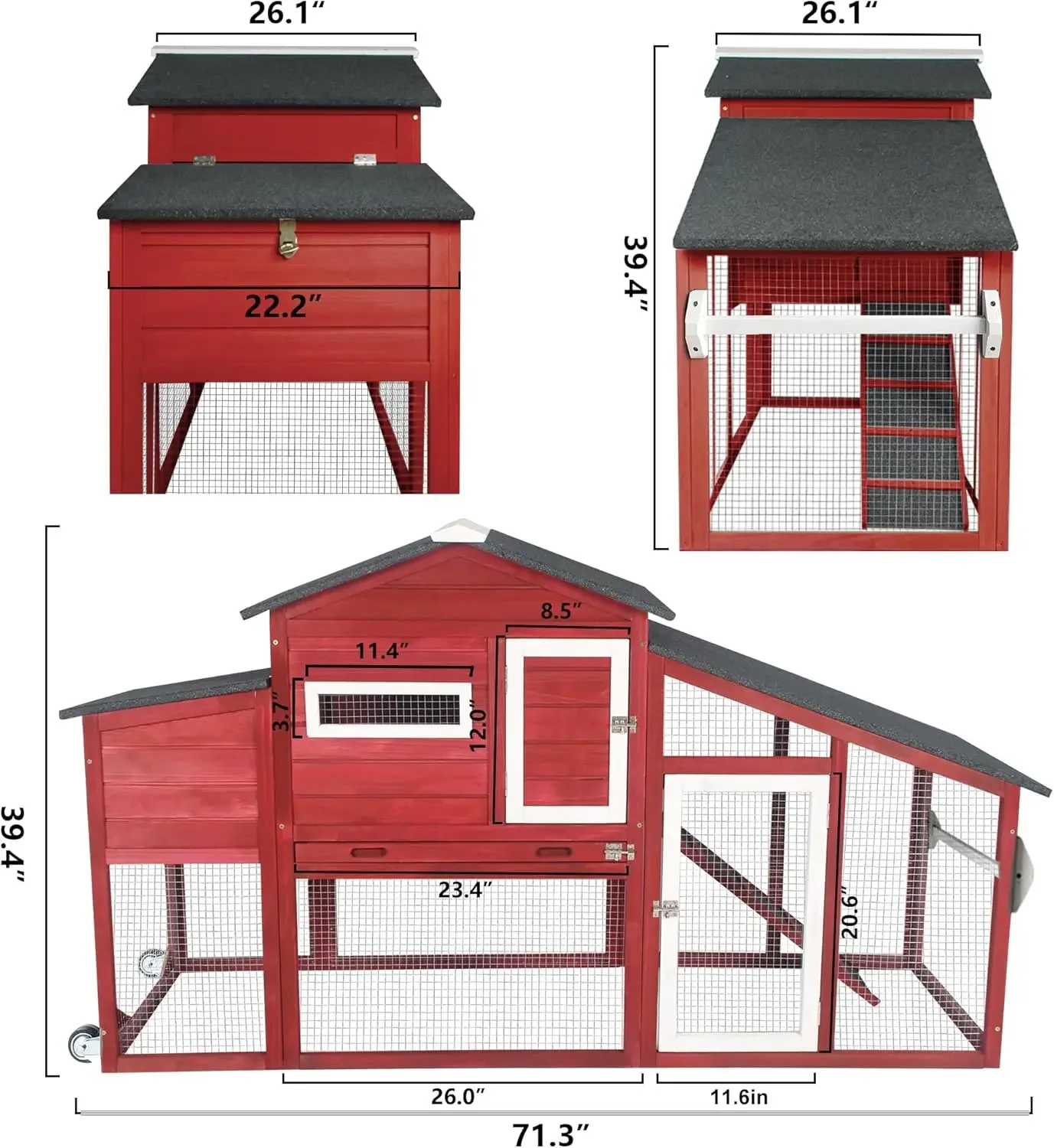 Chicken Coop Large Wooden Chicken Tractor with Wheels  Back Yard Chicken Coops with Run,  Secure Enclosure (Sloping Roof)