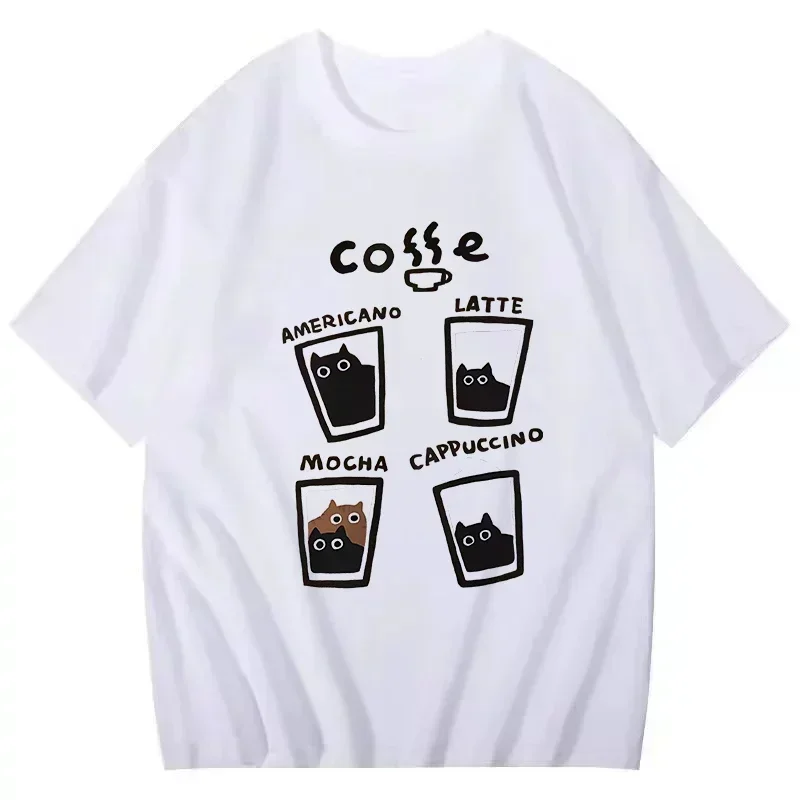Fashionable Vintage American-Style Y2k Women's T-Shirt Summer Fun Cat Coffee Pattern Printed Tops Comfortable Cute New Clothes