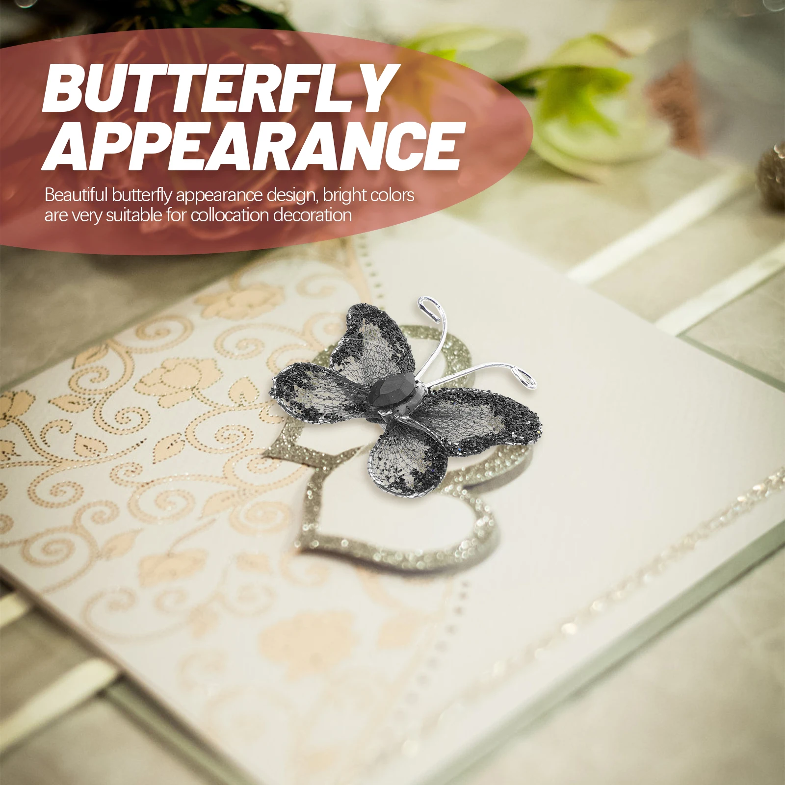 

50pcs Black Mesh Wired Decorative Butterflies for DIY Wedding Favors Scrapbooking Decorations with Glittering Details
