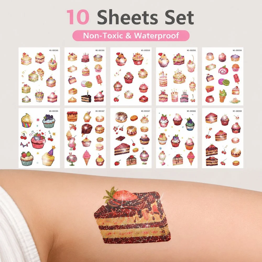 10Pcs Glitter Sweet Cake Temporary Tattoos Mixed Cupcake Donut Candy Motif Waterproof Body Stickers For Birthday Cosplay Decor