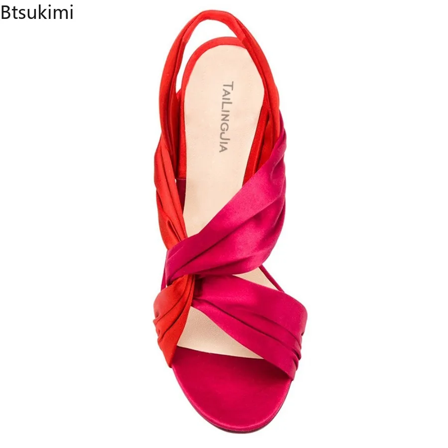 2026Women's Two Color Splicing and Crossing Design Elegant Thin High Heels Sandals Leather Red Ruffle Stiletto Party Dress Shoes