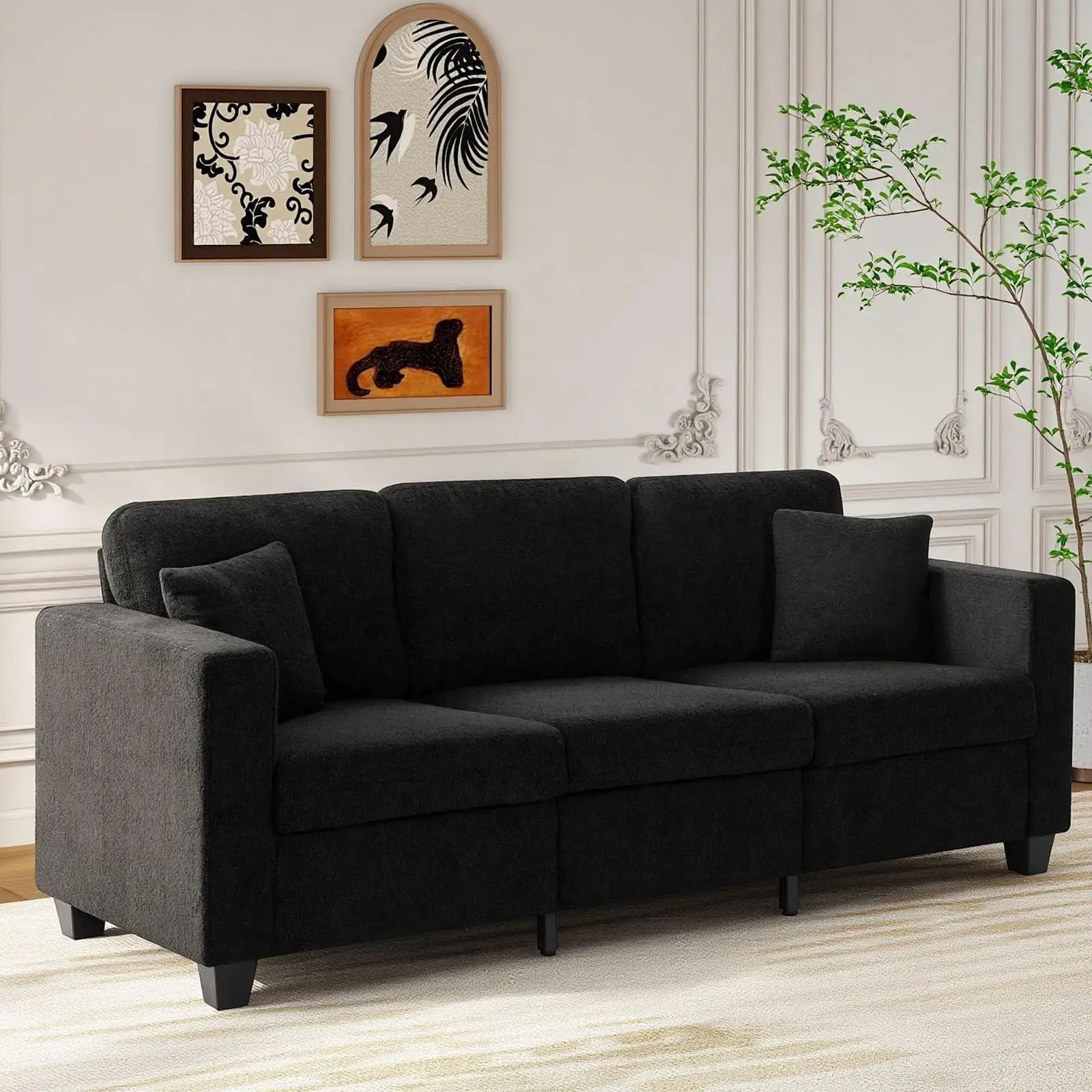 

86.6 Inch Modern 3 Seater Sofa With Deep Seats Armrests Boucle Upholstery For Living Room Bedroom Office Black