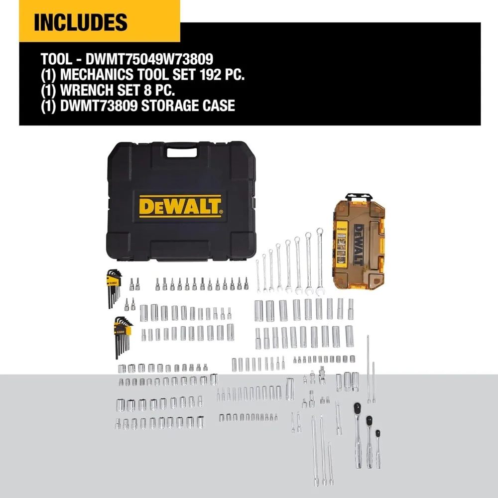 Mechanics Tool Set, SAE and Metric, 1/2, 1/4, 3/8 Drive Sizes, 192-Piece, Chrome Vanadium Steel, (DWMT75049)