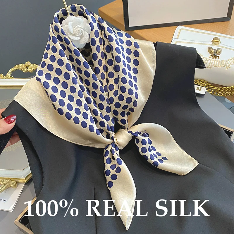 

Fashion 100% Natural Silk Scarf for Women Dot Print 65cm Female Foulard Shawl Wrap Square Neckerchief Hijab High Quality Scarves