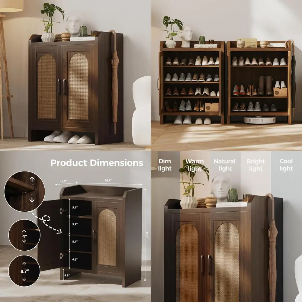 

Rustic Natural Rattan Shoe Cabinet for Entryway, Wooden Storage Rack, Farmhouse Style Bohemian Shoe Organizer