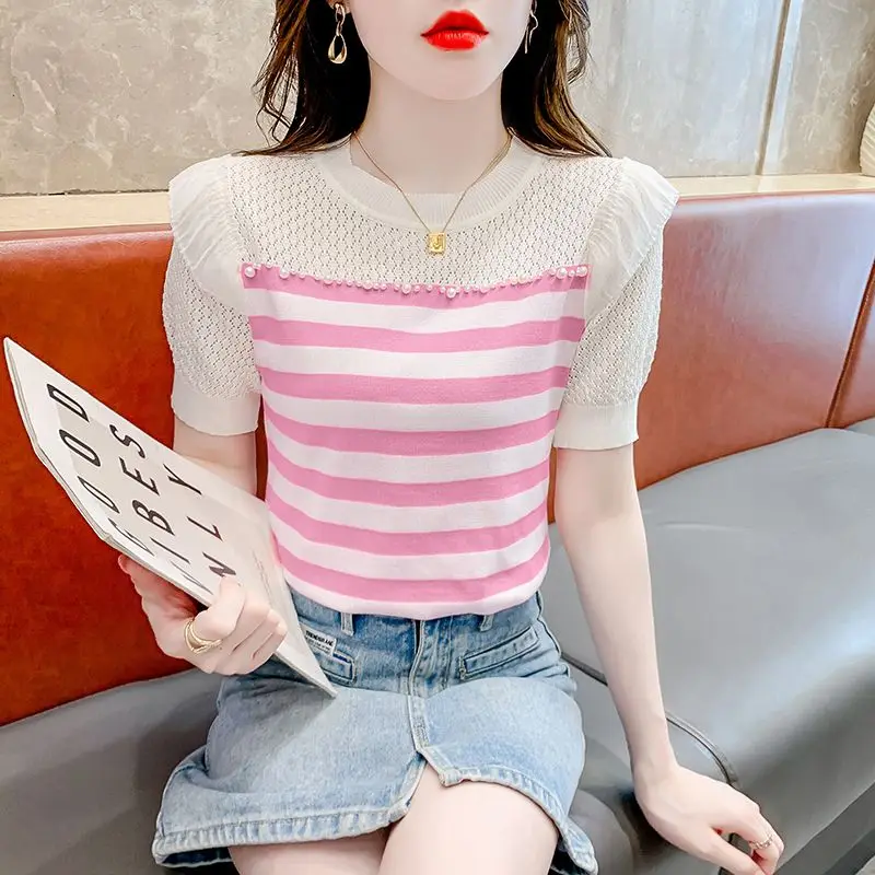 Women's Summer Fashion Elegant Simplicity Striped O-neck Short Sleeve T-Shirt Women Clothes All-match Temperament Casual Tops