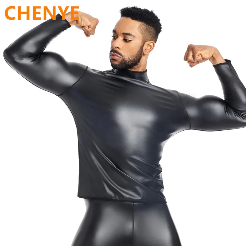 New Waist Trainer Corsets Tummy Shapewear Leather Shirts Men Stand collar Long Sleeve Body Shapers Leather Tshirt Slim Underwear