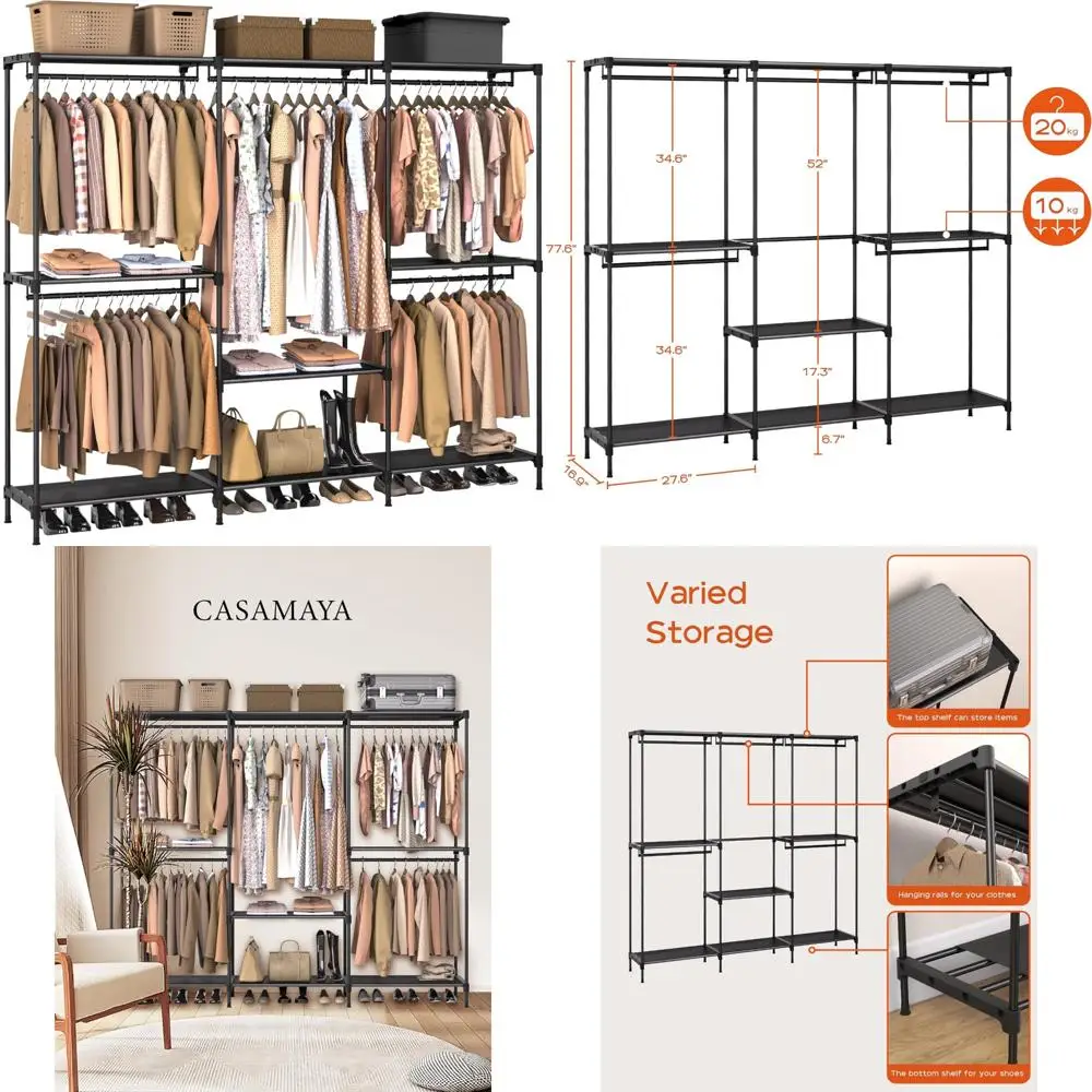 

Large Capacity 80.7 Inch Portable Wardrobe Closet Organizer with 5 Hanging Bars and Shelves for Clothes Storage