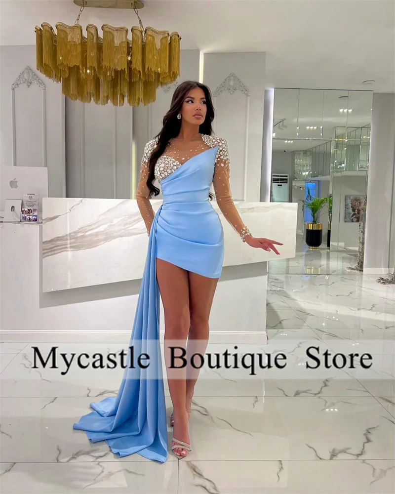 Blue Satin Diamonds Short Prom Dresses 2024 Mermaid Birthday Party With Long Sleeve Train Homecoming Party Dress