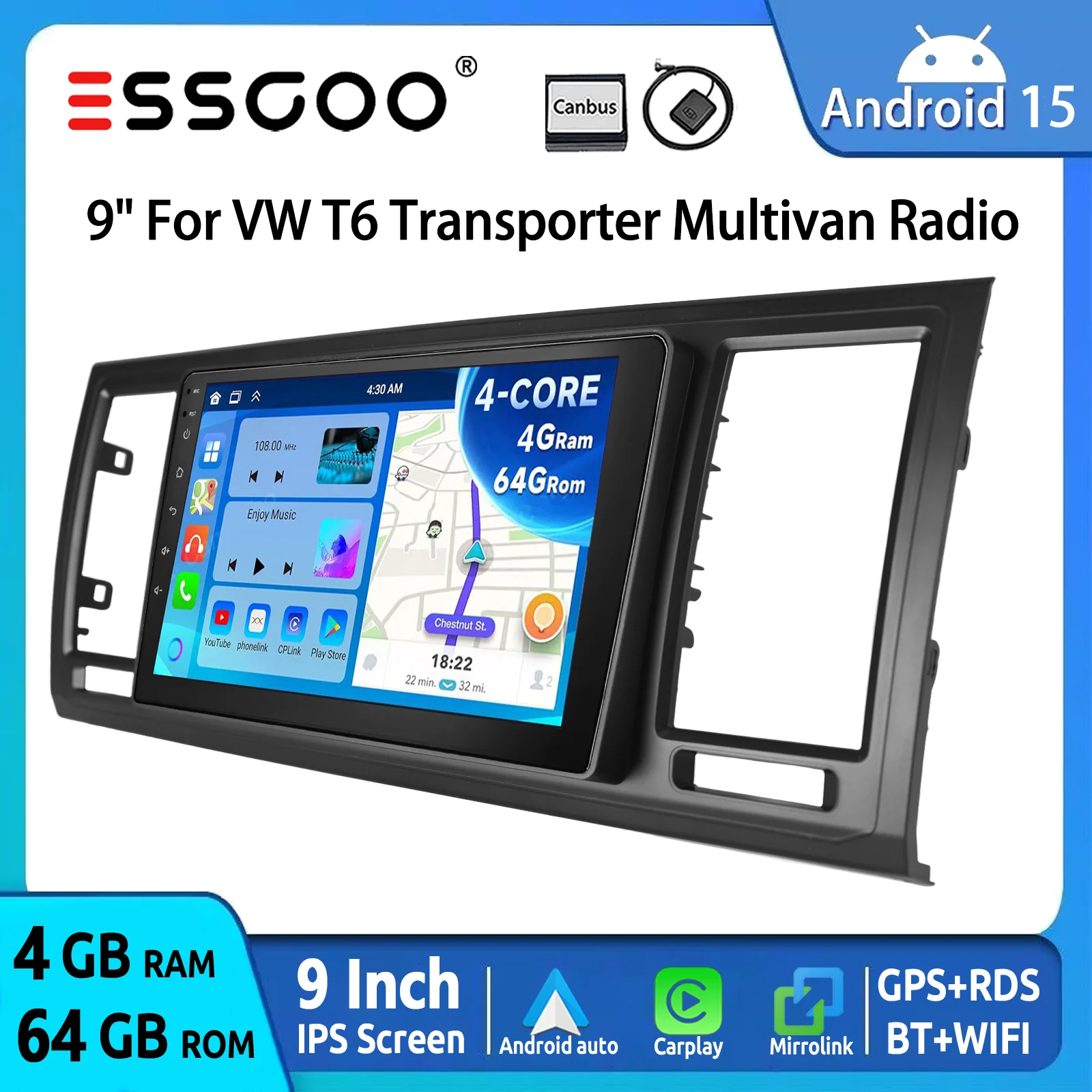 Autoradio ESSGOO Android 15 9 Zoll 64G für VW T6 Transporter Multivan Drahtloses CarPlay Android Auto GPS Navigation WIFI RDS FM Bluetooth Lenkradsteuerung Mirror Link Multimedia Video Player
