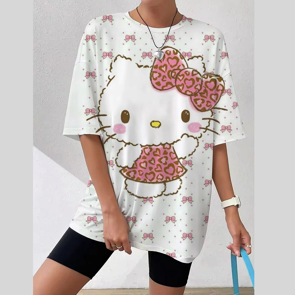 T-shirt da donna Moda Hello Kitty Modello Stampa Top Manica corta T-shirt da donna Estate Casual O-Collo T-shirt Abbigliamento femminile
