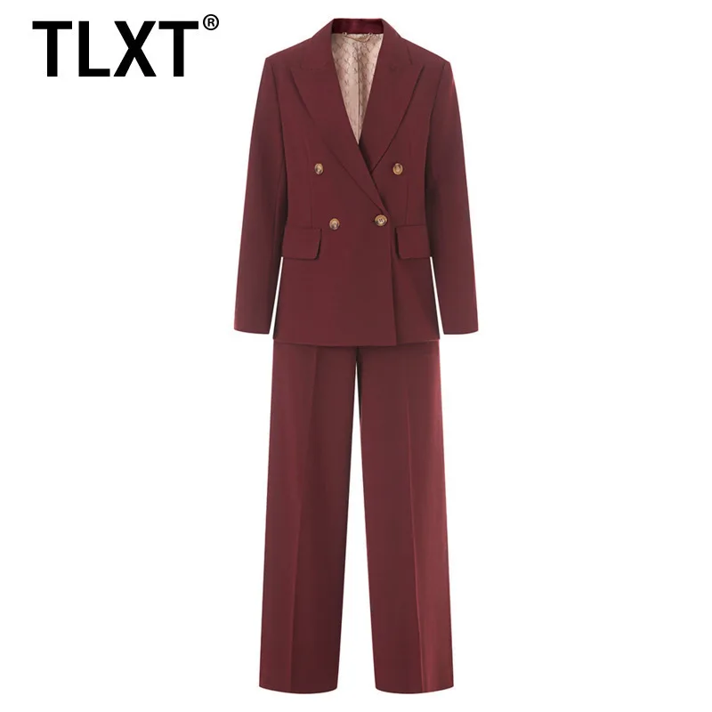 

TLXT модный женский костюм из двух предметов, двубортный пиджак с широкими брюками, деловой повседневный комплект рабочей одежды XK1571