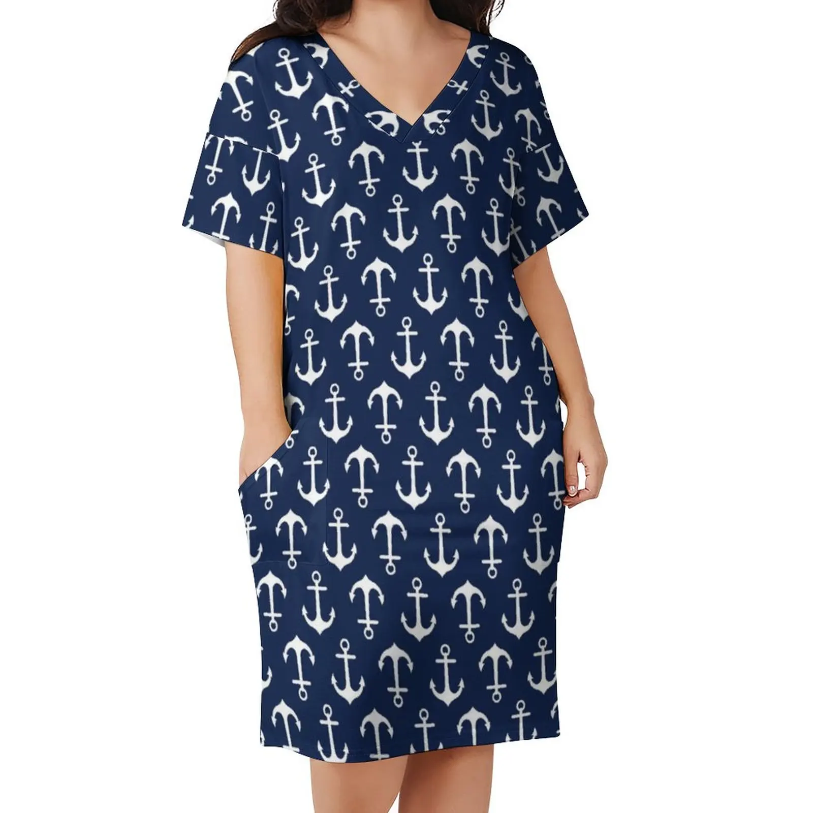 Navy Blue Nautical Casual Dress Women Anchor Pattern Elegant Dresses Summer V Neck Streetwear Print Dress Big Size 5XL