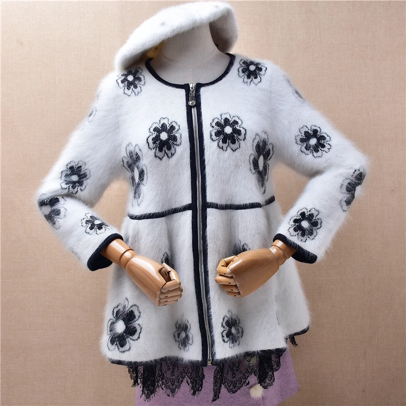 

Женский Mujer, осенне-зимний модный цветочный волосатый норковый кашемир, вязаная кружевная подкладка внутри, молнии, кардиганы, свитер, куртка, тянущая