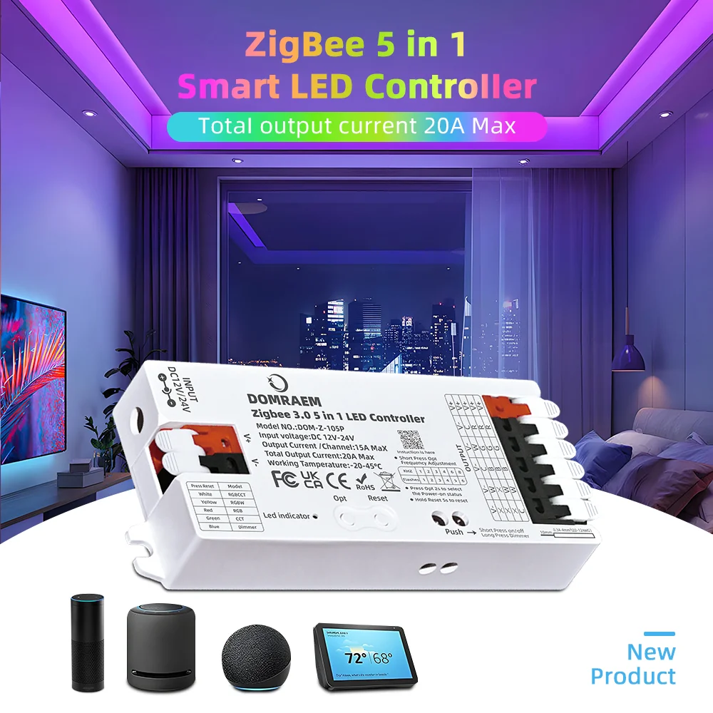 DOMRAEM 20A ZIGBEE3.0 LED Strip Controller DIMMER RGB RGBWCCT 5 in 1 Compatible with HU*E SmartThings Echo plus (No Tuya) Alexa