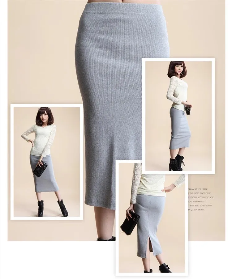 Winter-Damenrock, hohe Taille, Stretch-Bleistift, lang, geteilt, vorne geschlitzt, A-Linie, lässig, koreanischer Stil, eleganter schwarzer Bleistiftrock – Detail 5