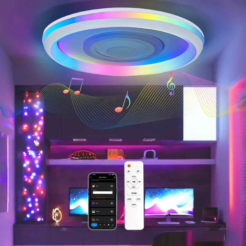 

Romantic Atmosphere Night Light Mode RGBW Speaker Microphone Smart LED Ceiling Lamps with APP & Remote Dimmable for Indoor