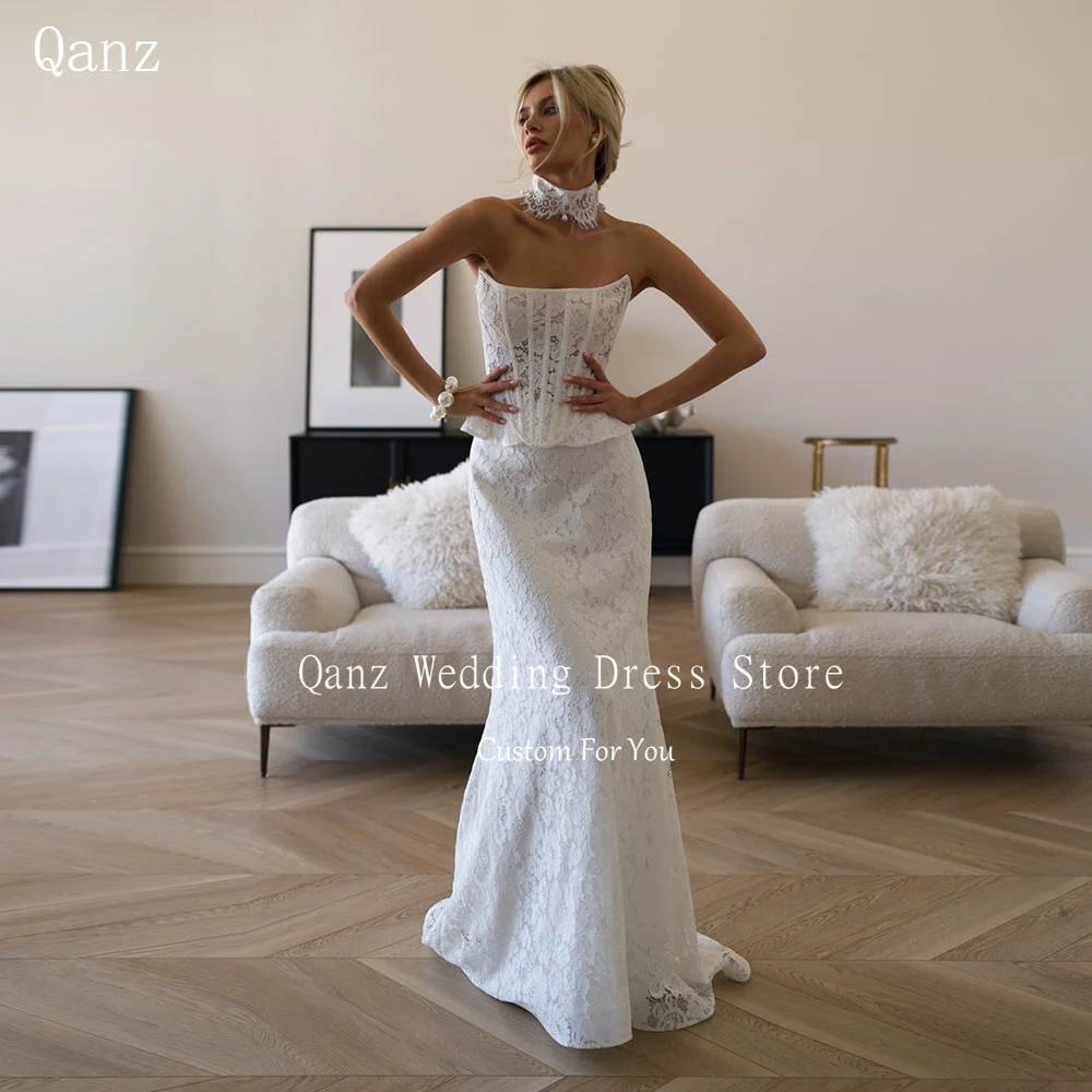Qanz Delicate Lace Wedding Dresses Bride Meramid Corset Back 2-piece Set Vestido De Novia White Sleeveless Bridal Gow Customized
