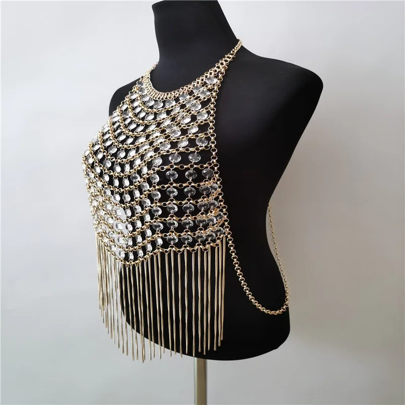 

2024 body chains Heavy alloy transparent pearl chest chain