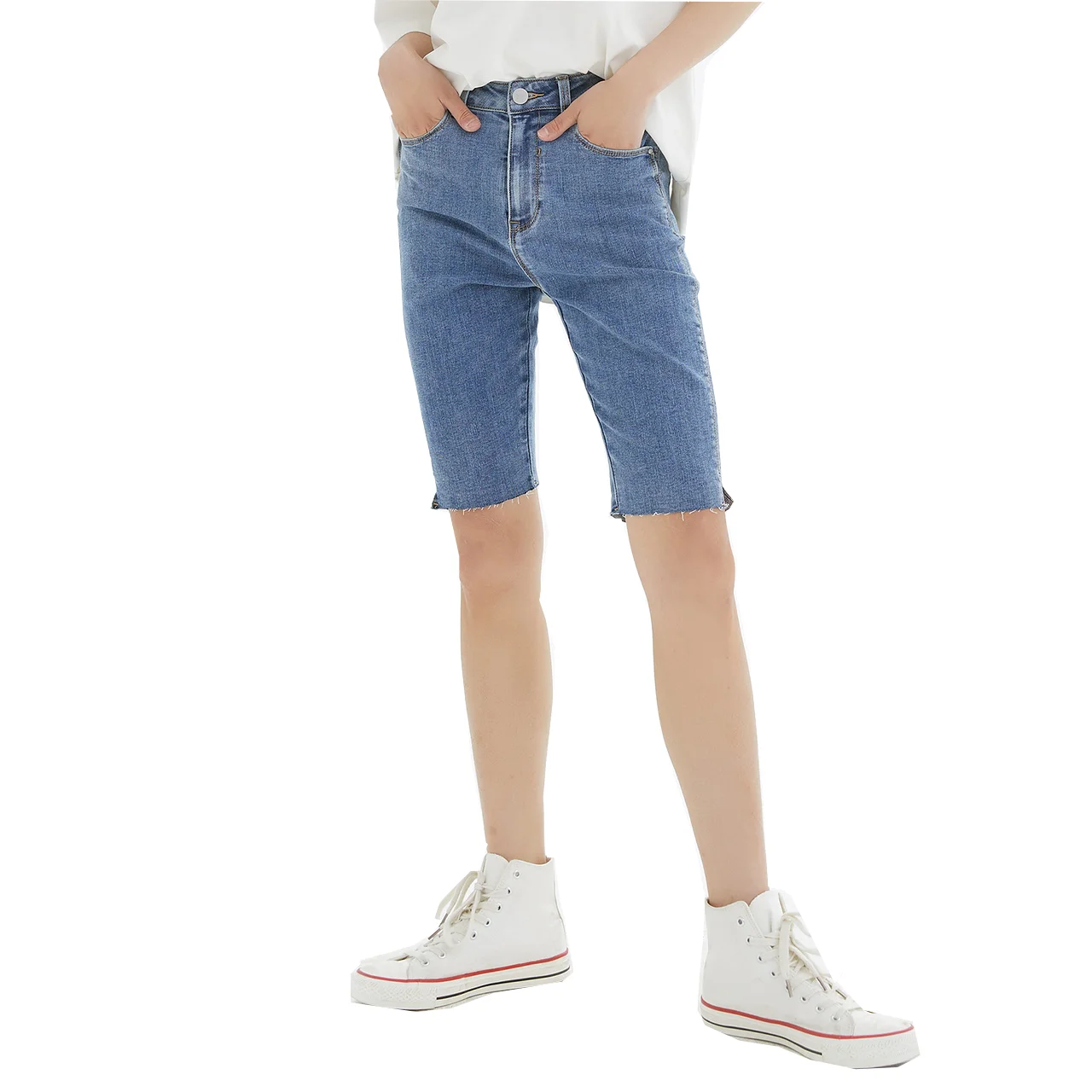

Metersbonwe-Women High Waist Hip Lifting Denim Cycling Shorts Stretch Denim Fabric Tight Fitting Pants Soft Elastic Jeans Summer