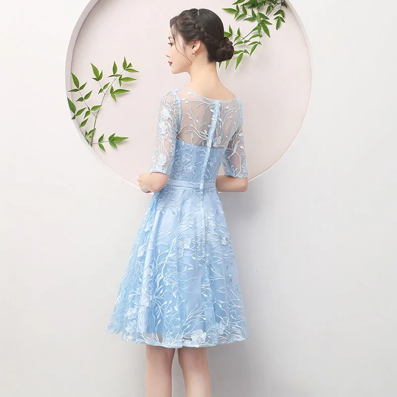 DongCMY Sky Blue Bridesmaid Dress 2024 New Autumn And Winter Evening Dress Female Simple Generous Banquet Usually Can Be Worn