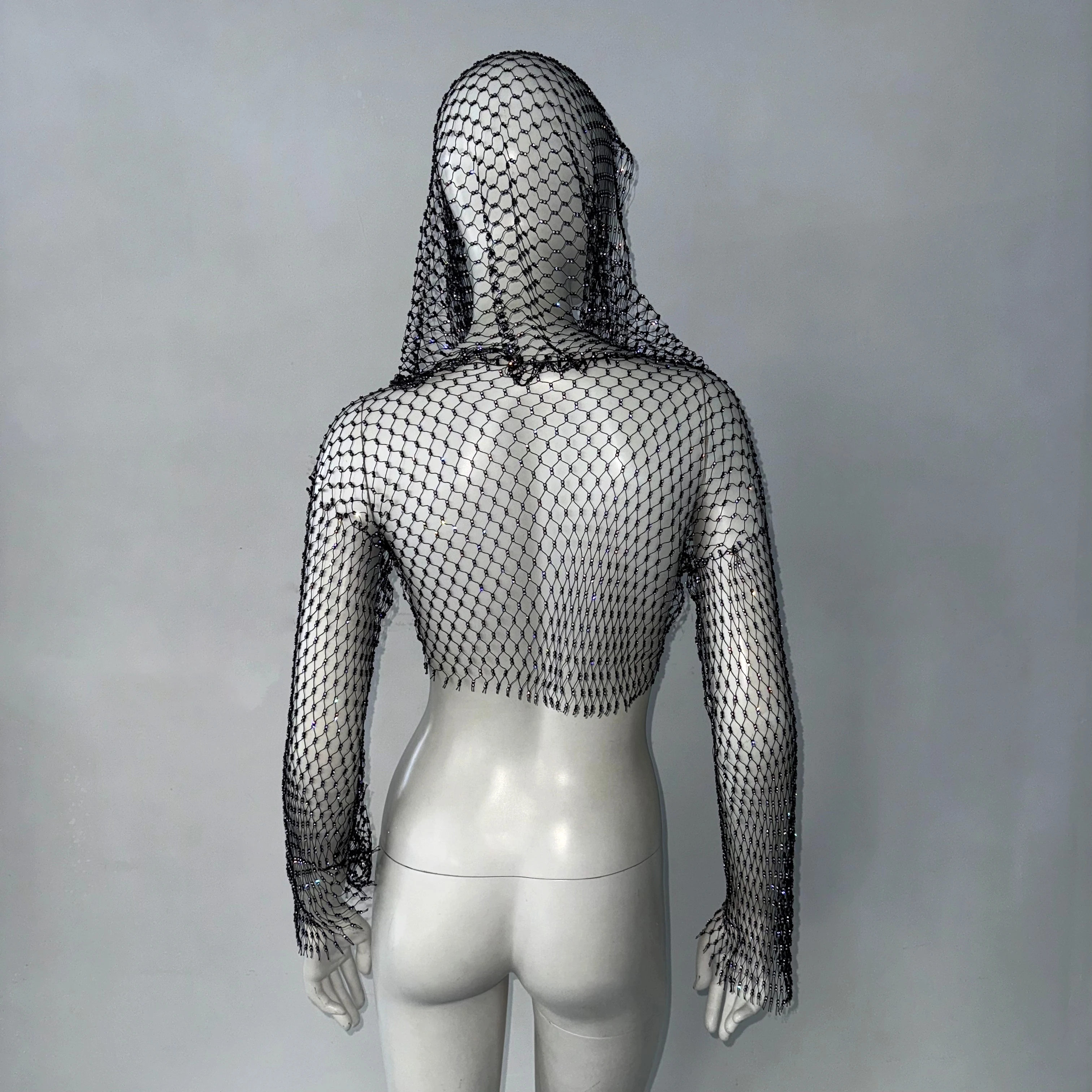 Women Hollow Mesh Hooded Crop Top Shiny Rhinestone See Through Fishnet Long Sleeve V Neck T Shirt Rave Party Club Cover Up