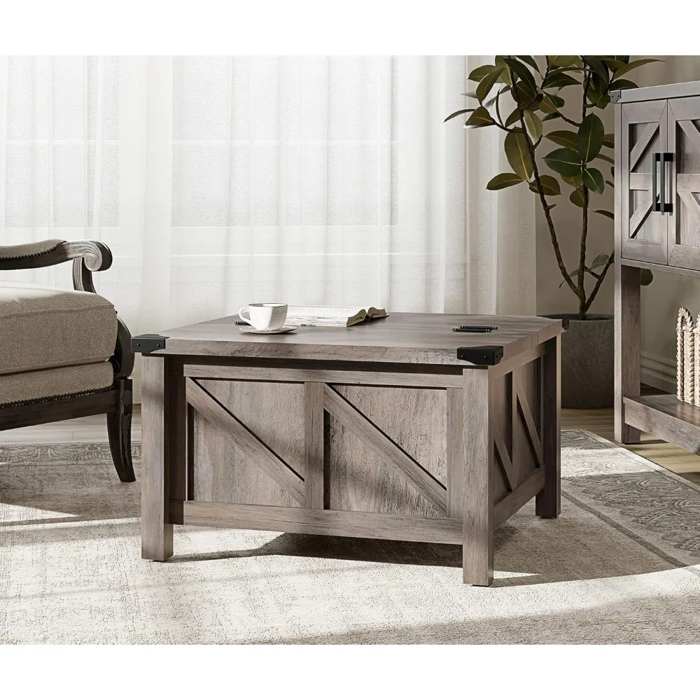 Modern Farmhouse Coffee Table with Air Pressure Pillar, Lifts to Extra Large Hidden Storage Space, Metal Bracket Corner