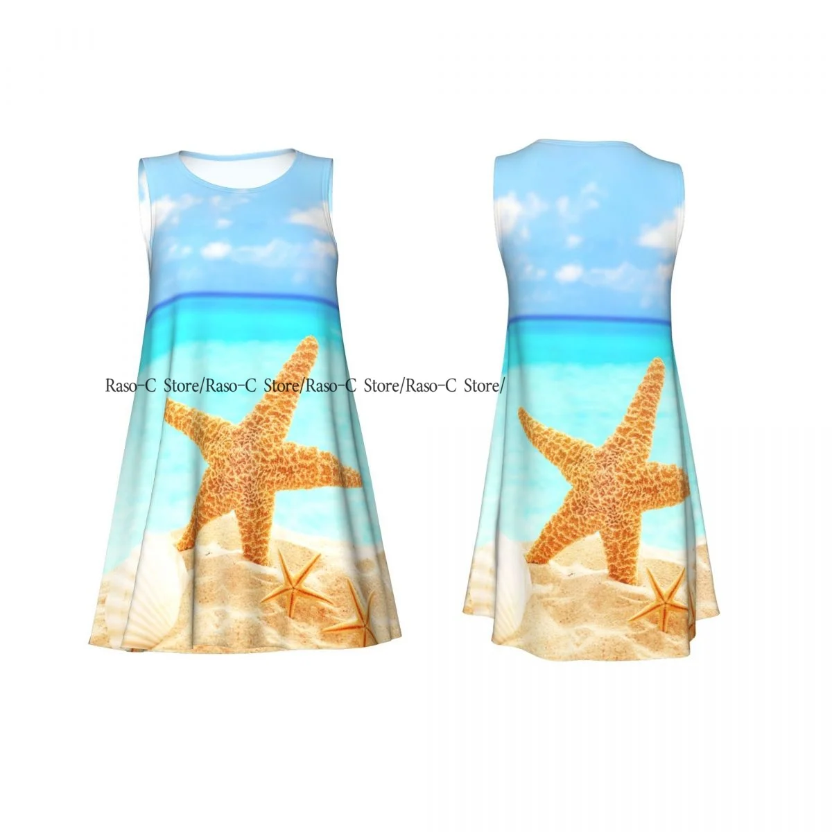 ชุดสตรีฤดูร้อนชุดลําลองเสื้อยืดชายหาดปกคลุมปลาดาวและเปลือกหอยบน Sandy Beach Tank Dress