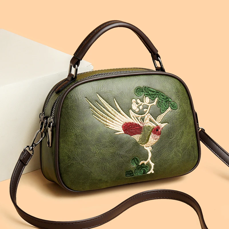 

Модная ретро-сумка через плечо из натуральной кожи, высококачественная лаконичная женская сумка на плечо с вышивкой в виде птицы, универсальная винтажная сумочка