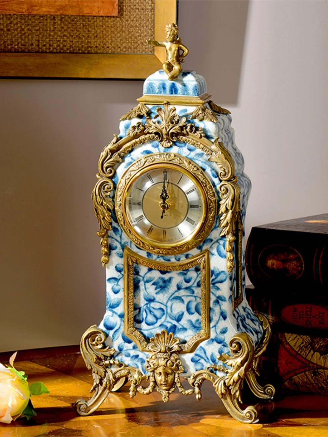 Blue and white ceramics with copper clock creative home villa living room entrance clock ornament