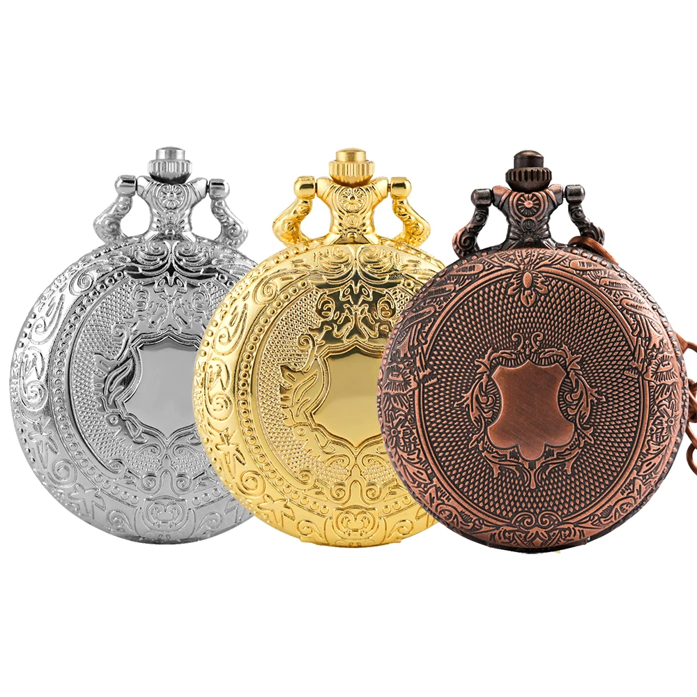 Arabic Numerals Dial Vintage Shield Pattern Quartz Pocket Watch Gift Men Women Retro Fashion Pendant Pocket Clock with Chain