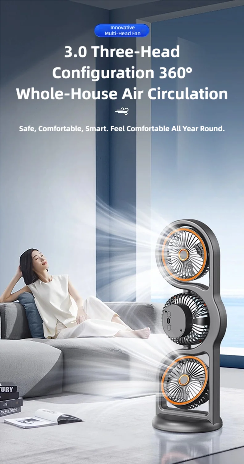 TINSOL 2026 New Portable USB Rechargeable Three-Head Fan – 360° Circulation, 5-Speed Wind, Dormitory and Outdoor Desktop Fan