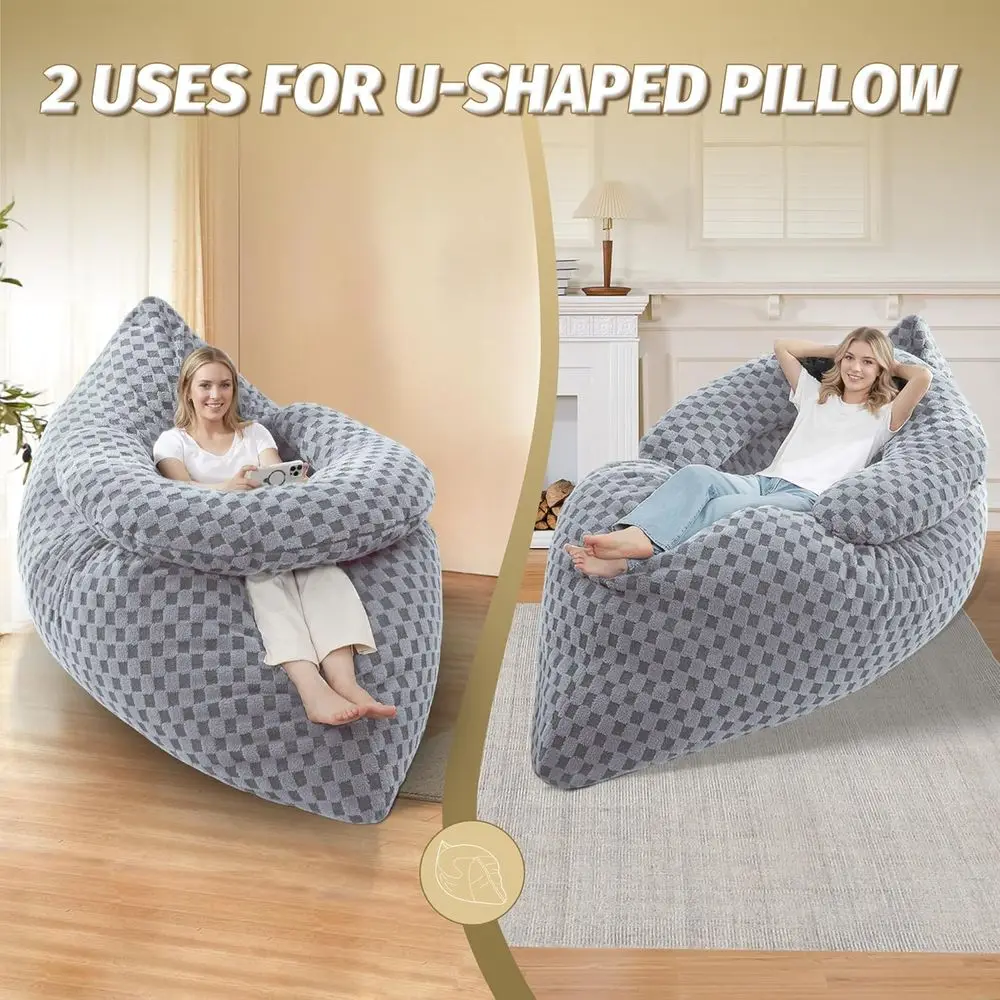 أريكة سرير قابلة للتحويل مع غطاء قابل للغسل ووسادة محمولة على شكل حرف U، كرسي بين باج رمادي فاتح عملاق #4