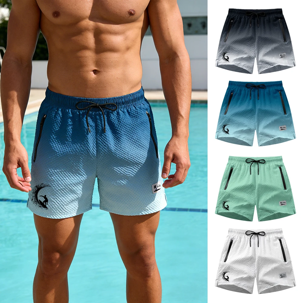 

Men's Printed Gradient Drawstring Sports Beach Shorts Zipper Pocket Quick Dry Swim Trunks Seaside Vacation Casual Spots Shorts