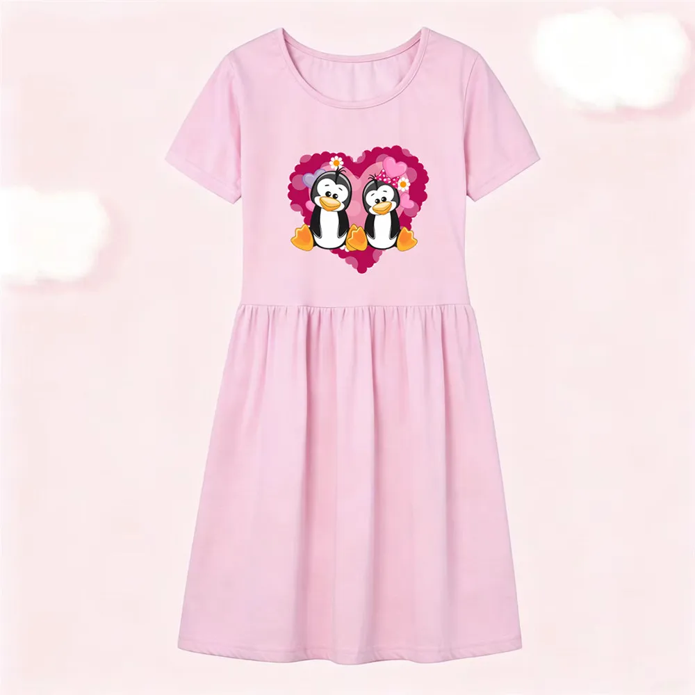 Sweet Girls Cotton Short Sleeve T-shirt Dress Cartoon Penguin Heart Print Gathered Skirt Children Summer Casual Dress