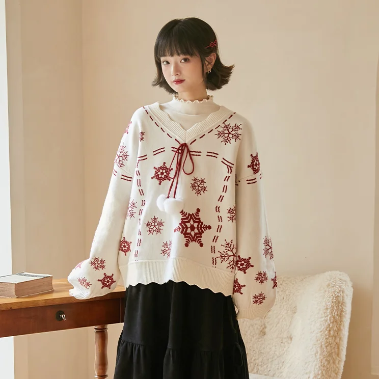 

Японская рождественская одежда, женский красный свитер, свитер со снежинками и v-образным вырезом, зимний утолщенный свободный милый милый пуловер с длинными рукавами