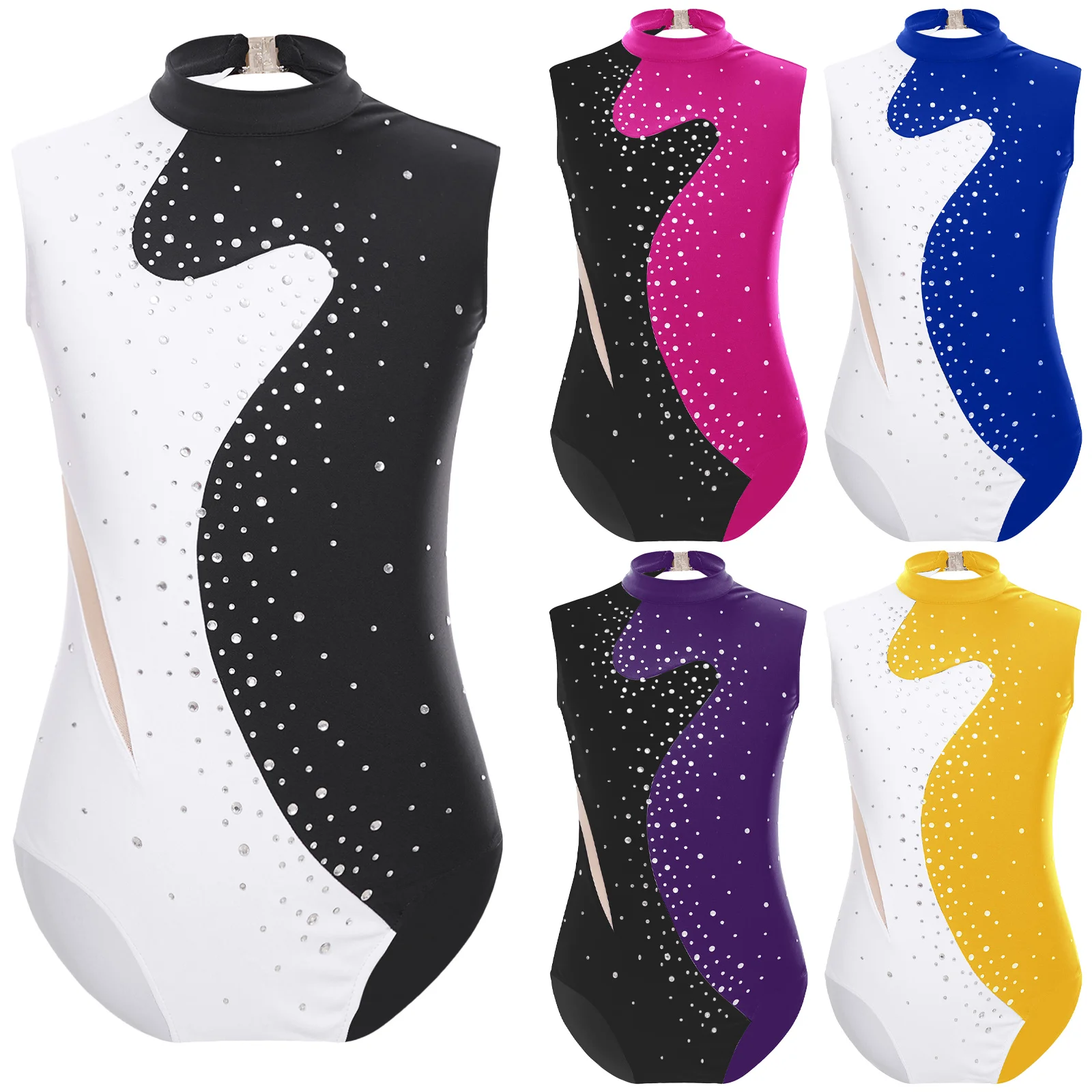 Body con strass lucidi per ragazze per bambini per ginnastica danza classica body Dancewear figura pattinaggio su ghiaccio costumi da spettacolo