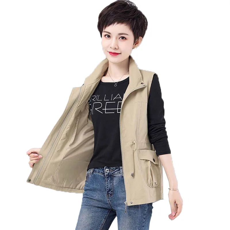 

Nice New Women's Vest Coat Spring Autumn Slim Basic Zipper Jacket With Lining Ladies Sleeveless Jacket Loose 4XL Waistcoat C