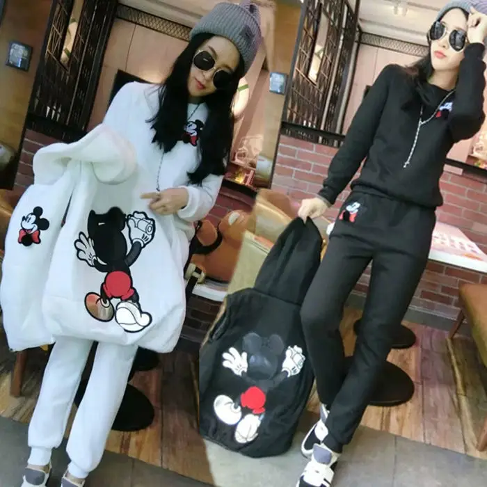 ديزني لطيف الكرتون ميكي الشتاء الكورية نمط ميكي هوديي ثلاث قطع مجموعة المرأة الصوف سميكة سترة رياضية غير رسمية الزي #4
